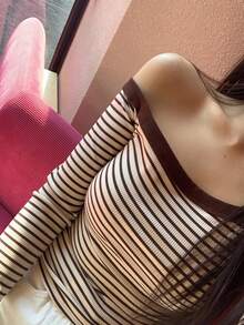 DAZY 女士休闲条纹修身不对称肩部褶皱长袖 T 恤，秋季女装