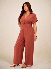Elaquor Mono casual para mujer de talla grande con solapa, manga murciélago, cintura torcida y pierna ancha en unicolor - Color caoba - Ver 4
