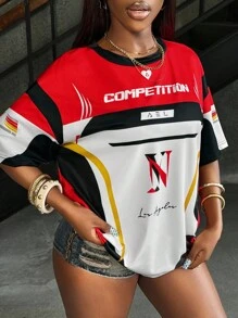 Rovax Maglietta da donna a maniche corte con scollo rotondo, tinta unita e dettagli a contrasto, maglietta da corsa fresca, maglietta per gare automobilistiche - Multicolore - Visualizzare 3