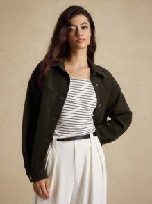 Briarwyn 秋冬装老款女士休闲通勤纯色常规夹克，返校季，女士复古服装，女士办公室服装 - 軍綠色 - 查看 5