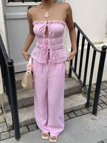 SHEIN PETITE Women's Short Set Plaid Tube Top & Wide Leg Pants, Loose Fit, Tie Design, Casual Vacation 2 Pieces Outfit - Pink - View 5