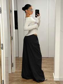 SHEIN ICON Ultra Low Rise Vintage Loose Wide Leg Extra Long Pants Work Pants - Black - View 4