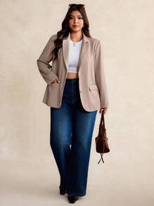 Elaquor Plus Size Casual Everyday Commute Solid Color Notched Collar Double Pocket Blazer In Fall/Winter - Apricot - View 4