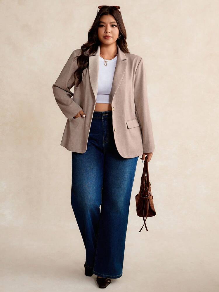 Elaquor Plus Size Casual Everyday Commute Solid Color Notched Collar Double Pocket Blazer In Fall/Winter - Apricot - View 4