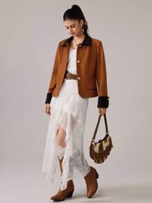 SHEIN MOD Vintage Elegant Contrast Color Lapel Blazer, Brown Blazer In Fall/Winter - Brown - View 7