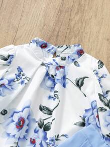 SHEIN Young Girl Floral Blouse & Button Detailed Pants - Multicolor - View 6