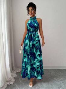 Elenzga Elegant Commuting & Island Vacation Floral Print Dress