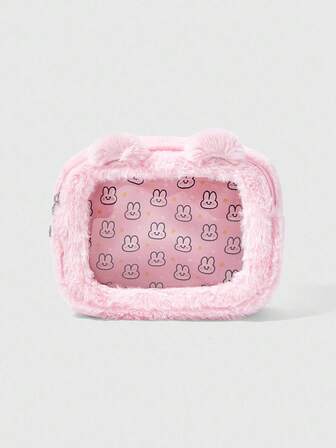 Kawaii Bolsa cuadrada portátil de cosméticos con bordado de conejo estampado, linda y de peluche para mujeres en color rosa