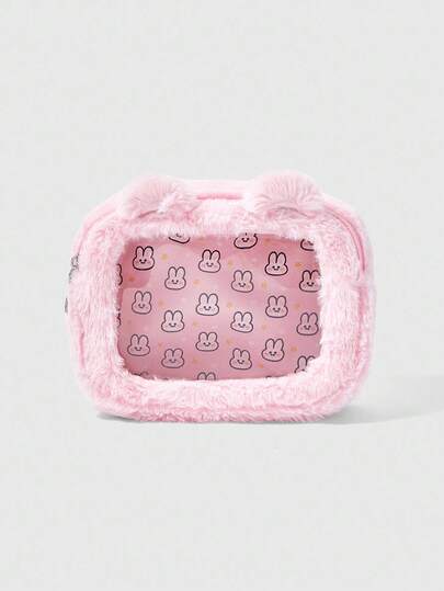 Kawaii Pink Women's Cute Plush Embroidered Rabbit Print Portable Square Cosmetic Bag