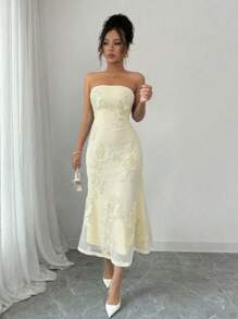 Rafferiza Váy không tay họa tiết hoa 3D phong cách nghỉ dưỡng dành cho nữ - Màu vàng - Xem 3