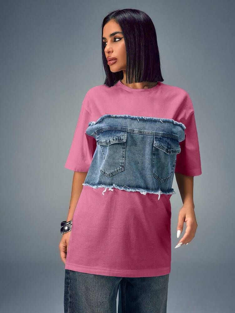 CasuGlow Denim Patch Pocket Oversize T-Shirt, Contrast Panel Tee, Casual Street Style, Frayed Hem Top, Summer - Baby Pink - View 4