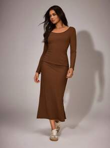 SHEIN Women's Slim Fit Long Round Neck Side Ruched Back Slit Hem Casual Dress, Fall