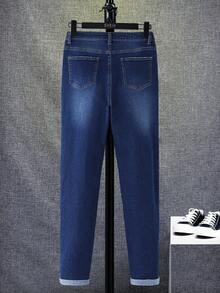 SHEIN Tween-Jungen Modische Lässig Y2K Vintage Streetstyle Jeans für Teens, Schulanfang, College, einfach, basic und bequem, mit blauer hochgekrempelter Gestaltung und warmem Fleece-Futter, Stretch-Denim für Kinder- und Teenagerkleidung, weiche Alltagskleidung für Kinder im Winter und Herbst, Outfits für Festivals und Zuhause, Streetwear Schulkleidung, Kinder Blaue Jeans mit Umschlag