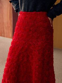 MOTF PREMIUM APPLIQUES BIAS CUT SKIRT - Red - View 2