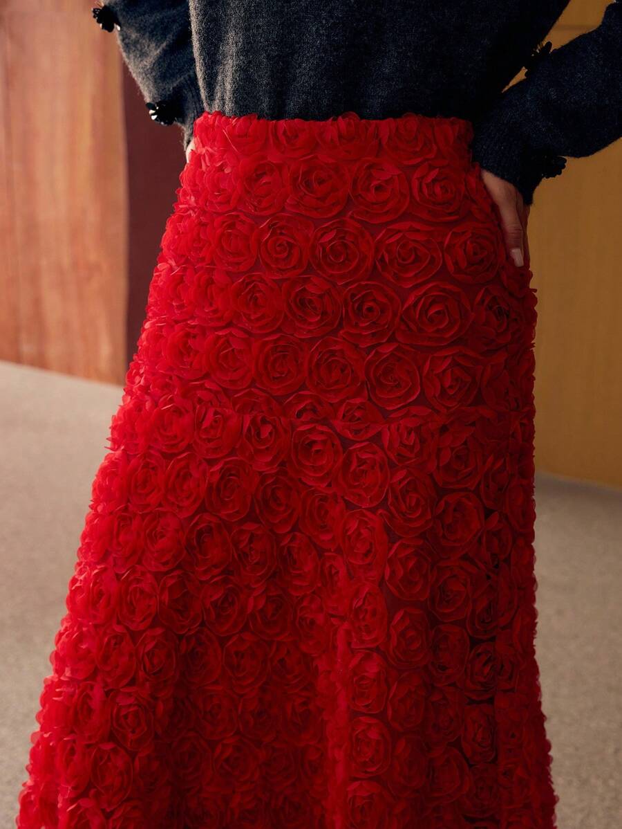 MOTF PREMIUM APPLIQUES BIAS CUT SKIRT - Red - View 2