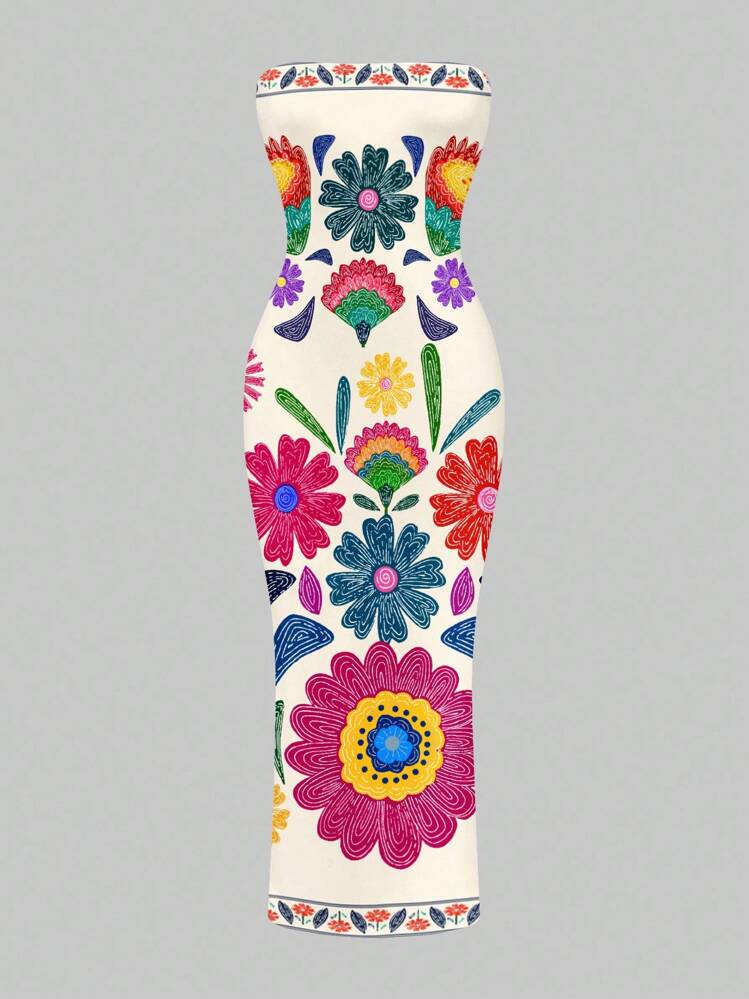 SHEIN SXY 波西米亚风格休闲花卉复古印花女士紧身连衣裙，适合夏季度假 - 彩色 - 查看 5