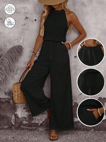 EMERY ROSE Women's Vacation Solid Color Pleated Waist Tassel Tie Pocket Wide Leg Loose Casual Jumpsuit Black Halter Jumpsuit Black Jumpsuit Women Halter Jumpsuits For Women Summer Jumpsuits For Women Casual Jumpsuits For Women