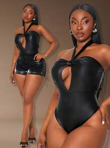 SHEIN SXY 加大码女式性感派对镂空领口系带 PU 紧身衣，适合日常穿着、节日、约会之夜、生日、单身派对装、婚礼、优雅、休闲、购物、街头服饰、外出，易于搭配且显瘦，凸显您的身材，修饰身材 - 黑色 - 查看 1