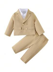 2 pezzi/Set Outfit da Gentiluomo per Bambino, Giacca Kaki con Decorazione a Fiore sul Petto e Pantaloni, Comodo, Versatile, Stile Britannico Classico Retrò, Adatto per Interno, Esterno, Quotidiano, Sport, Gioco, Festa, Servizio Fotografico, Vacanza, Festival, Matrimonio, festa di nascità, Elegante, Invitato a Matrimonio, Paggetto, Anello Ragazzo Outfit da Matrimonio Formale per Bambino Maschio Beige, in Autunno/Inverno - Cachi - Visualizzare 4