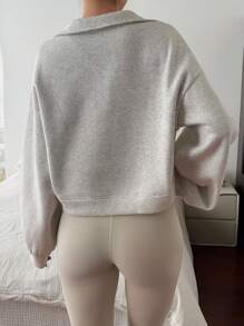 Livesso 女士休闲纯色半拉链短款卫衣，秋冬季 - 灰色 - 查看 2