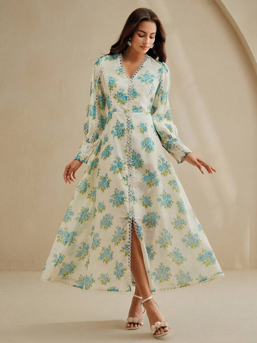 Anewsta Spring/Summer New Arrival Vacation Style Rose Print V-Neck Ruffle Patchwork Waist Cinched Lantern Sleeve Dress - Multicolor - View 1