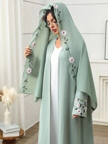 Yasmyna Women's Embroidered Green Open Front Long Arabic Abaya - Green - View 2
