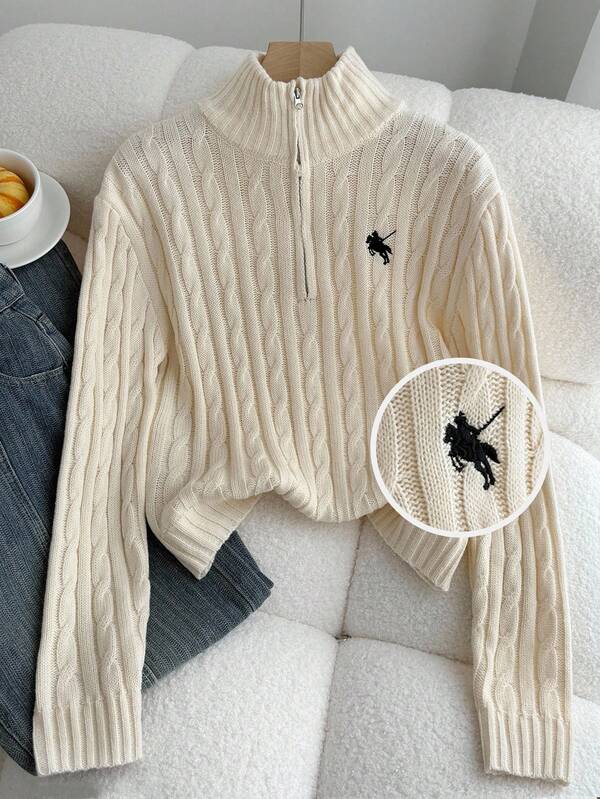 SHEIN Teens' Solid Color Cable Knit Embroidered Pattern Turndown Collar Half-Zip Long Sleeve Casual Sweater Fall Winter Cute Sweater Sweaters For Teen Girl With Zippers Young Girl Sweater