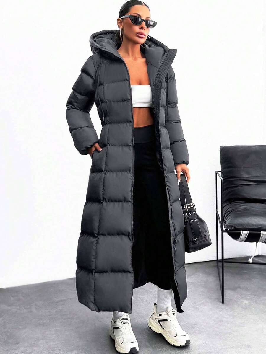 EURMUSE Iconic A Shape Silhouette Zip Up Hooded Padded Long Extra Warm Winter Coat - Navy Blue - View 1