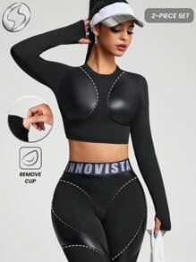 Innovista Woman Luxury Natural Tone Glossy Sports Sets Sophisticated Design Workout Clothes Athletic Outfits Training Breathable Active Crop Top T-Shirt Long Sleeves With Booty Lifting Leggings Phone Card Pocket Bottom Metallic Two Pieces Daily Yoga Cycle Biker HIIT Office To Court Brunch To Gym Function Athleisure All Day Stretchy Activewear Fall Comfort Affordable, Budget-Friendly, Gym Outfits