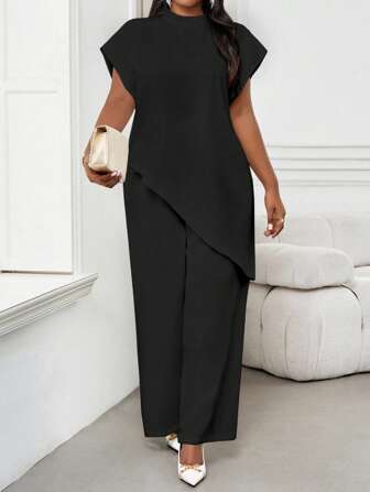 SHEIN Lady 2025 NewPlus Size Women Solid Black Round Neck Batwing Sleeve Loose Asymmetric Hem Elegant Blouse Fall Clothes For Women Black Elegant Plus Size Top