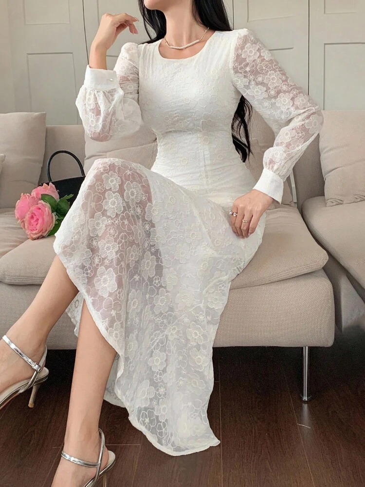 Elegant French Minimalist Embroidered Lace Long Sleeve Dress