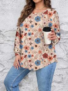 EMERY ROSE 大码女式休闲全身复古花卉印花宽松插肩袖圆领 T 恤