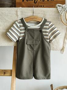 SHEIN Vintaside Kids 男嬰 2 件套套裝，可愛復古條紋短袖 T 恤與華夫格針織吊帶短褲套裝，附口袋，幼兒夏季套裝 - 彩色 - 查看 3