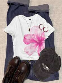 Attitoon 女士花卉印花圆领短袖修身T恤，适合夏季 - 白色 - 查看 2