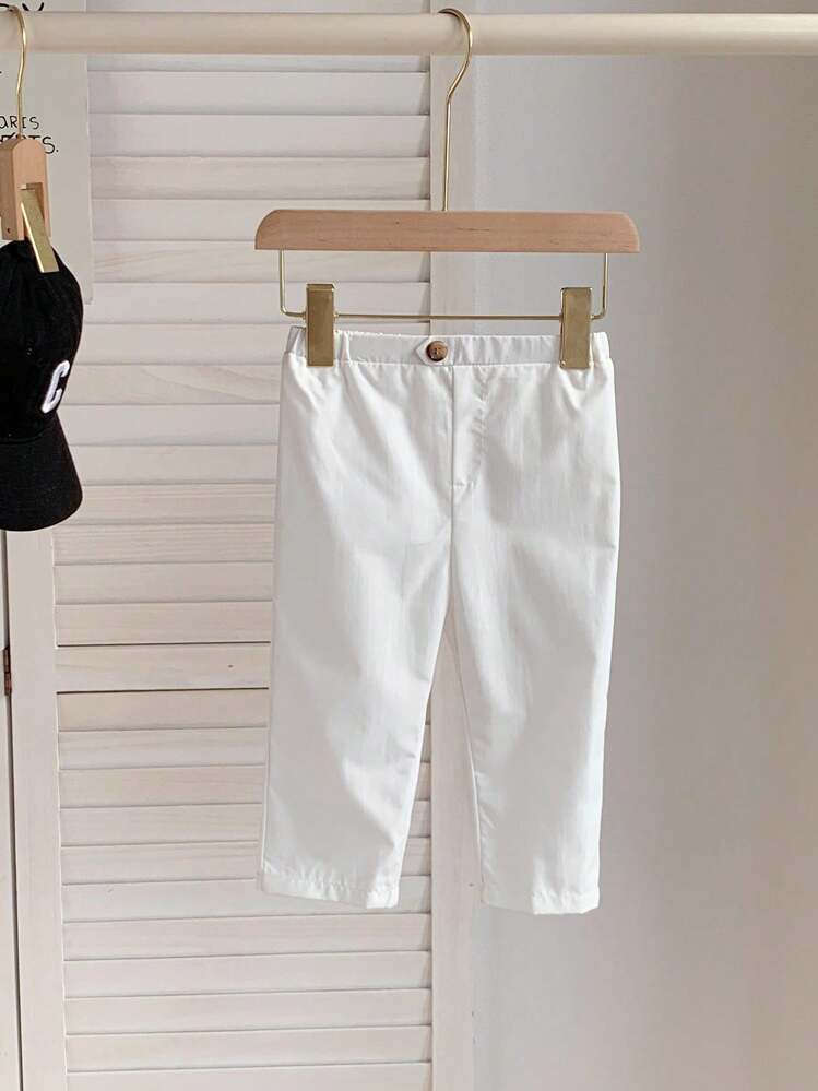 Baby Boy Vit Asymmetrisk Knappdekor Elastisk midja Lös passform Gentleman Style Byxor, Lämpliga för födelsedagsfest, dop, 1:a födelsedagsfirande, formella tillfällen - Vitt - Visa 3