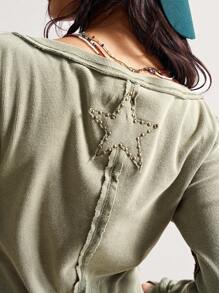 Bohemela Áo thun dệt trơn cổ điển dành cho nữ, phong cách Bohemian giản dị ngày độc lập, mùa thu - xanh quân đội - Xem 2