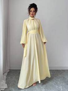 Selianne 女士优雅休闲中长连衣裙，法式浪漫西西里风格，纯色柔和黄色，立领，褶袖，腰带，松紧后腰，仿金属装饰，适合通勤、度假、下午茶、派对 - 淡黃色 - 查看 8