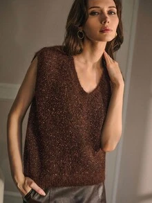MOTF PREMIUM Maglione a contrasto con paillettes, gilet a maglia, pullover lavorato a maglia per l'autunno e l'inverno - Castano - Visualizzare 4