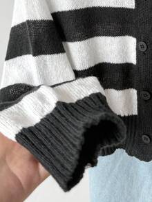 Teen Girl Casual Daily Contrast Stripe Button Front Cardigan Cropped Cardigan Striped Cardigan Black And White Cardigan Teen Cardigan Girl Cardigan - Black and White - View 4