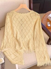 Franclia 博主风时尚撞色系带镂空花卉流苏套头毛衣，欧美新款秋冬女装流苏针织衫系带毛衣针织外套黄色毛衣女装秋季优雅时尚休闲通勤商务办公日常休闲百搭气质都市教师职业装，圣诞节 - 黃色 - 查看 2