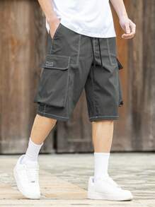 Manfinity Roghcode Men's Solid Color Minimalist Casual Pocket Shorts - Dark Grey - View 3