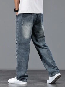 Manfinity Homme Jeans casuales de mezclilla rasgados de talla grande para hombres, jeans holgados rasgados, jeans desgastados, estilo emo - Azul - Ver 2