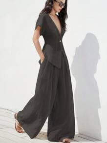 Aveloria Modichic Women's White Linen-Like Asymmetrical V-Neck Loose Textured Casual Vacation Versatile Wide Leg Pants 2 Pieces Set - Grey - View 7