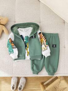 1. 男婴羊毛运动服，3 件套：连帽背心、长袖运动衫和带有可爱动物图案的慢跑裤，舒适百搭，适合室内/室外、日常穿着、运动、玩耍、派对、拍照、度假、返校、街头服饰，适合春季、夏季、秋季、冬季。 - 綠色 - 查看 5