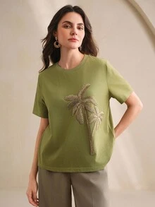 Anewsta 女士优雅春夏海滩白色圆领短袖 T 恤，珍珠刺绣花卉印花，直筒基本款休闲上衣 - 橄欖綠 - 查看 5