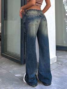 EURMUSE WOMEN FLARE MID WAIST VINTAGE WASHING JEANS Y2k Jeans Low Rise Jeans Bootcut Jeans Wide Leg Jeans Flared Jeans - Light Wash - View 2