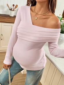 SHEIN Autumn And Winter Maternity Casual Solid Color Oblique Shoulder Long Sleeve T-Shirt - Pink - View 6