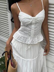 SHEIN EZwear 女士休闲度假纯色镂空刺绣细肩带 - 白色 - 查看 3