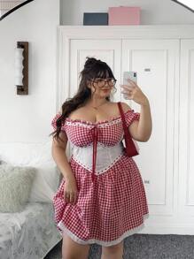 SHEIN EZwear 加大码格子拼接蝴蝶结装饰露肩束腰夏季连衣裙，连衣裙 - 彩色 - 查看 5