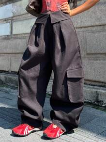 Coolane 女士夏季街头休闲宽松翻领裤装黑色工装裤 - 黑色 - 查看 2